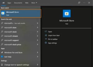 In the Start menu search bar, type Microsoft store and click the search result to launch the app