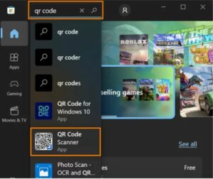 Search for “qr code scanner” in the Microsoft Store and click QR Code Scanner in the search results