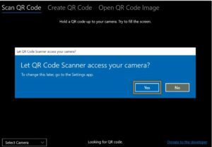 When the app asks for access to the camera, click Yes. You can now scan codes by holding the QR code up to the webcam