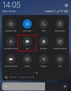 Scroll down the Notification Panel and hit the Cast icon