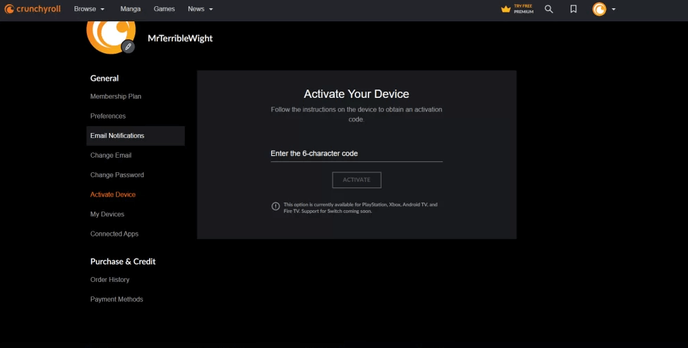 Visit the Crunchyroll activation site